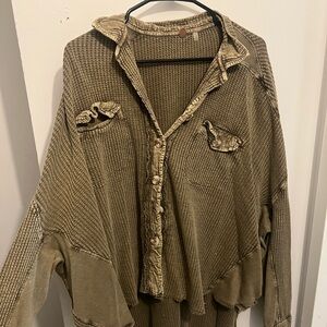 Free people Waffle Knit Button in Olive Green